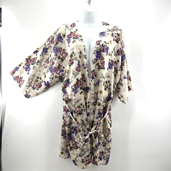 Vintage California Miss Robe Women Large Floral‎ Ivory Silky Damask Kimono - Picture 2 of 11